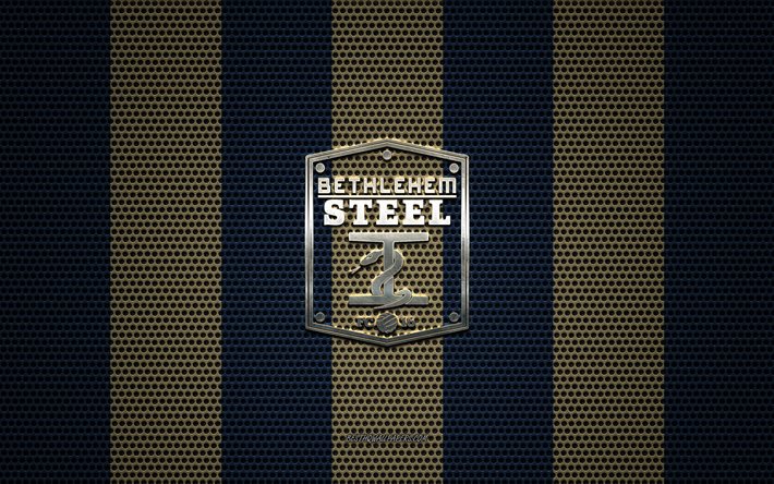 Betlemme FC logo, American soccer club, Philadelphia Union II, metallo emblema, l&#39;oro blu della maglia metallica sfondo, Betlemme FC, USL, Chester, Pennsylvania, USA, calcio