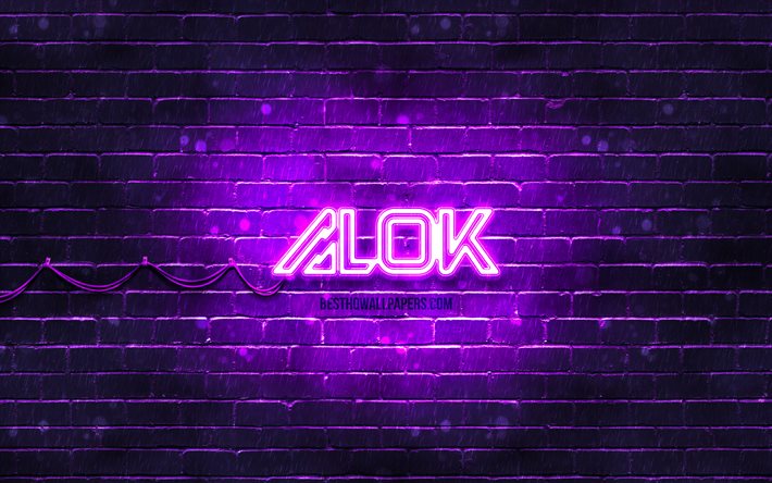 Alok violeta logotipo de 4k, las superestrellas de brasil, DJs, violeta brickwall, Alok nuevo logotipo, Alok Achkar Peres Petrillo, Alok, estrellas de la m&#250;sica, Alok de ne&#243;n logotipo, logotipo de Alok