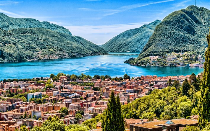 Download wallpapers Lugano, 4k, skyline, cityscapes, summer, swiss cities, Ticino, Switzerland, Europe, beautiful nature for desktop free. Pictures for desktop