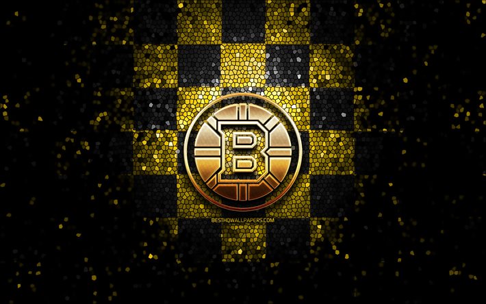 Boston Bruins, glitter logo, NHL, yellow black checkered background, USA, american hockey team, Boston Bruins logo, mosaic art, hockey, America