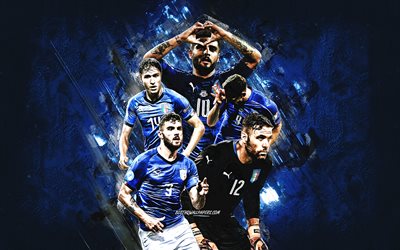 Italy national football team, blue stone background, Italy, football, Lorenzo Insigne, Federico Chiesa, Andrea Belotti