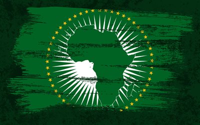 4k, Flag of African Union, grunge flags, African countries, national symbols, brush stroke, grunge art, African Union flag, Africa, African Union