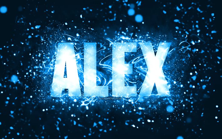 Happy Birthday Alex, 4k, blue neon lights, Alex name, creative, Alex Happy Birthday, Alex Birthday, popular american male names, picture with Alex name, Alex