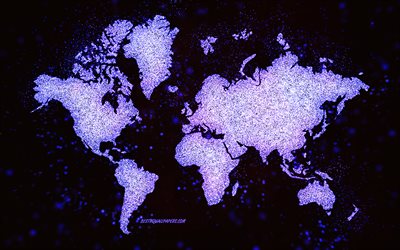 World glitter map, black background, World map, purple glitter art, World map concepts, creative art, World purple map, continents map