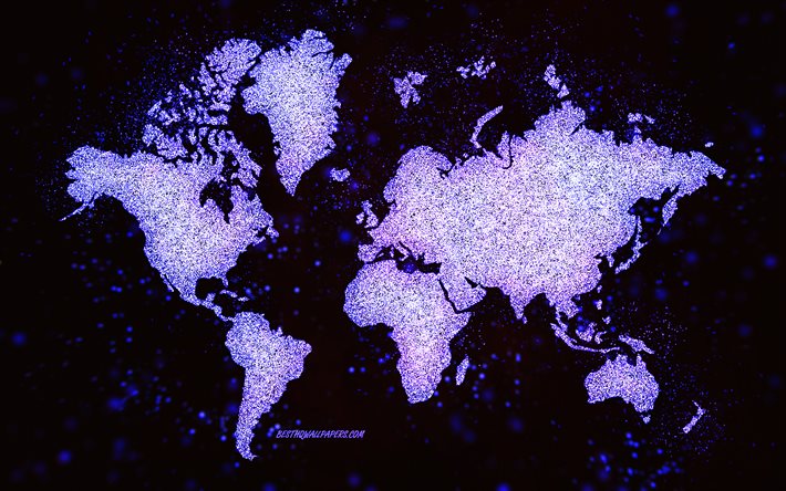 Mappa del mondo glitter, sfondo nero, mappa del mondo, arte viola glitter, concetti di mappa del mondo, arte creativa, mappa viola del mondo, mappa dei continenti