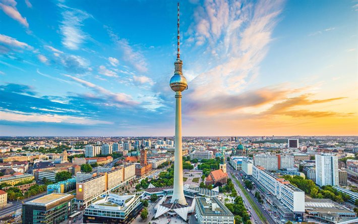 Berlin TV Kulesi, 4k, ufuk &#231;izgisi şehir manzaraları, Alman şehirleri, başkent, Berlin, şehir manzaraları, yaz, Almanya, Avrupa, Almanya Şehirleri, HDR