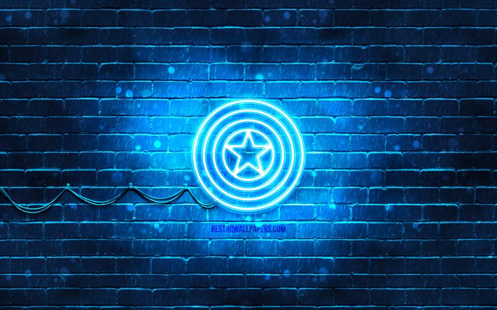Kaptan Amerika mavi logo, 4k, mavi tuğla duvar, Kaptan Amerika logosu, s&#252;per kahramanlar, Kaptan Amerika neon logosu, Kaptan Amerika