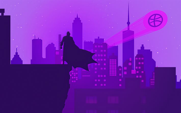 Silhouette de Batman, 4k, super-h&#233;ros, minimal, paysages urbains abstraits, Bat-man, DC Comics, minimalisme de Batman, Batman