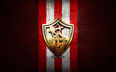 Zamalek FC, golden logo, Egyptian Premier League, red metal background, football, EPL, egyptian football club, Zamalek logo, soccer, Zamalek SC