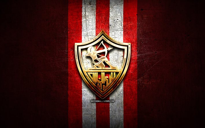 zamalek fc, goldenes logo, &#228;gyptische premier league, roter metall hintergrund, fu&#223;ball, epl, &#228;gyptischer fu&#223;ballverein, zamalek logo, zamalek sc