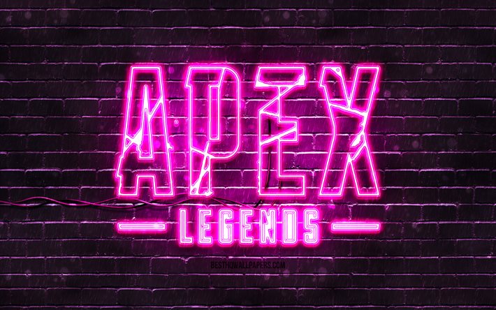 Apex Legends violetti tunnus, 4k, violetti tiilisein&#228;, Apex Legends tunnus, pelimerkit, Apex Legends neon tunnus, Apex Legends