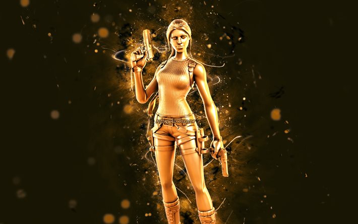 Variante dell&#39;anniversario dell&#39;oro Lara Croft, 4k, luci al neon gialle, Fortnite Battle Royale, personaggi di Fortnite, Variante dell&#39;anniversario dell&#39;oro Lara Croft Skin, Fortnite, Variante dell&#39;anniversario dell&#39;oro Lara Croft 