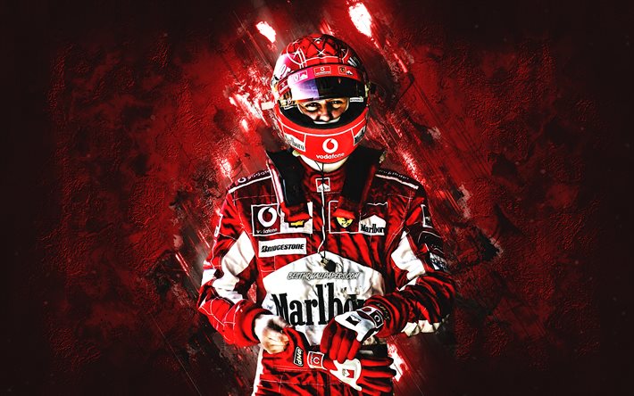 Michael Schumacher, F&#243;rmula 1, Scuderia Ferrari, piloto alem&#225;n, F1, fondo de piedra roja, arte grunge, F&#243;rmula Uno