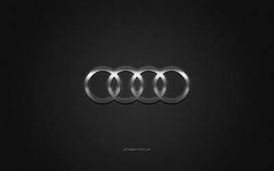 Audi logo, silver logo, gray carbon fiber background, Audi metal emblem, Audi, cars marcas, creative art