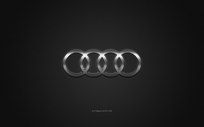 Logo Audi, logo argent&#233;, fond gris en fibre de carbone, embl&#232;me en m&#233;tal Audi, Audi, marques de voitures, art cr&#233;atif