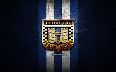 Boyaca Chico FC, golden logo, Categoria Primera A, blue metal background, football, colombian football club, Boyaca Chico logo, soccer, Boyaca Chico
