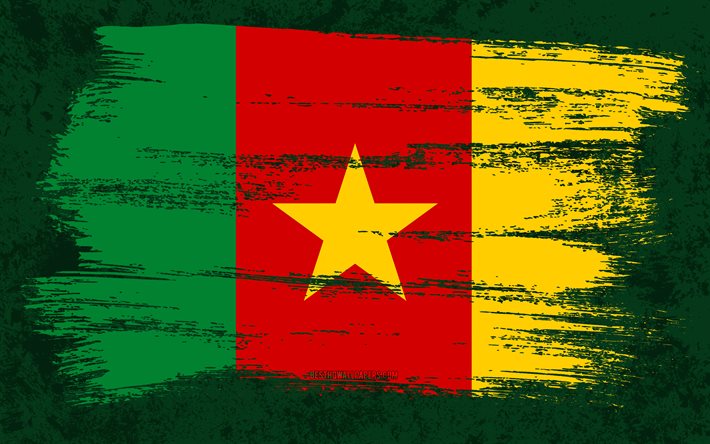 4k, Flag of Cameroon, grunge flags, African countries, national symbols, brush stroke, Cameroonian flag, grunge art, Cameroon flag, Africa, Cameroon