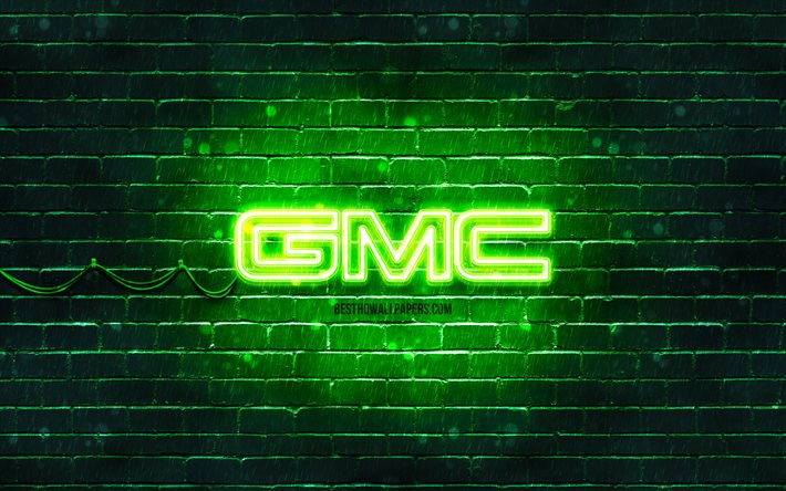 GMC green logo, 4k, green brickwall, GMC logo, cars brands, GMC neon logo, GMC