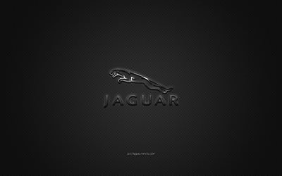 jaguar-logo, silbernes logo, grauer kohlefaser-hintergrund, jaguar-metallemblem, jaguar, automarken, kreative kunst