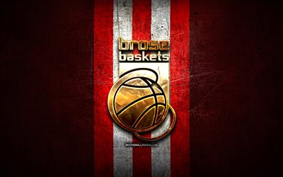 brose bamberg, goldenes logo, bbl, roter metallhintergrund, deutscher basketballverein, basketball-bundesliga, brose bamberg-logo, basketball
