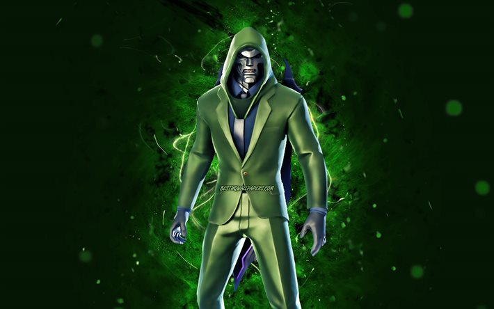 Agente Doombot, 4k, luzes de n&#233;on verdes, Fortnite Battle Royale, personagens Fortnite, Pele do Agente Doombot, Fortnite, Agente Doombot Fortnite