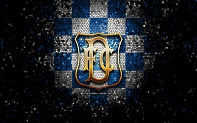 Dundee FC, parlak logo, İsko&#231; Premiership, mavi beyaz damalı arka plan, futbol, İsko&#231; futbol kul&#252;b&#252;, Dundee logosu, mozaik sanatı, FC Dundee