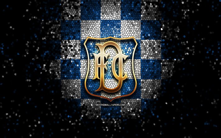 Dundee FC, logo de paillettes, Premiership &#233;cossaise, fond quadrill&#233; blanc bleu, football, club de football &#233;cossais, logo Dundee, art de la mosa&#239;que, FC Dundee