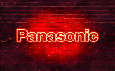 パナソニックの赤いロゴ, 4k, 赤レンガの壁, パナソニックのロゴ, ブランド, パナソニックネオンロゴ, パナソニック