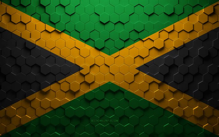 Bandeira da Jamaica, arte do favo de mel, bandeira dos hex&#225;gonos da Jamaica, Jamaica, arte dos hex&#225;gonos 3D, bandeira da Jamaica