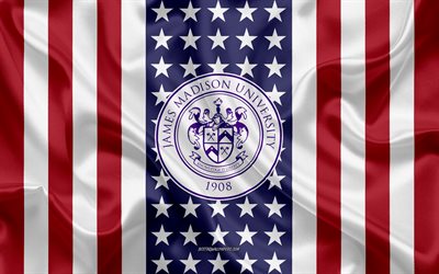James Madison University Emblem, American Flag, James Madison University logo, Harrisonburg, Virginia, USA, James Madison University