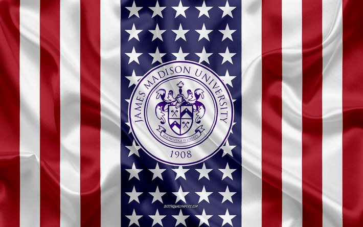 Emblema della James Madison University, bandiera americana, logo della James Madison University, Harrisonburg, Virginia, USA, James Madison University