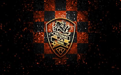Brisbane Roar FC, logo scintillant, A-League, fond damier noir orange, football, club de football australien, logo Brisbane Roar, Australie, art de la mosa&#239;que, Brisbane Roar