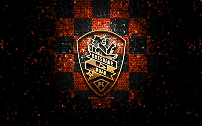 Brisbane Roar FC, logo glitter, A-League, sfondo a scacchi nero arancione, calcio, squadra di calcio australiana, logo Brisbane Roar, Australia, arte del mosaico, Brisbane Roar