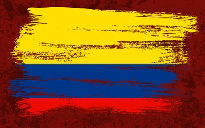4k, Flag of Colombia, grunge flags, South American countries, national symbols, brush stroke, Colombian flag, grunge art, Colombia flag, South America, Colombia