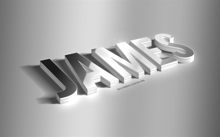 جيمس, فن 3d الفضة, خلفية رمادية, خلفيات بأسماء, اسم جيمس, بطاقة تهنئة جيمس, فن ثلاثي الأبعاد, صورة باسم جيمس