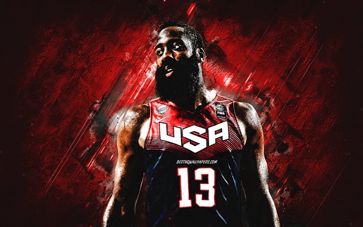James Harden, USA: n koripallojoukkue, USA, amerikkalainen koripallopelaaja, muotokuva, Yhdysvaltain koripallojoukkue, красный stone background