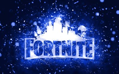 Fortnite dark blue logo, 4k, dark blue neon lights, creative, dark blue abstract background, Fortnite logo, online games, Fortnite