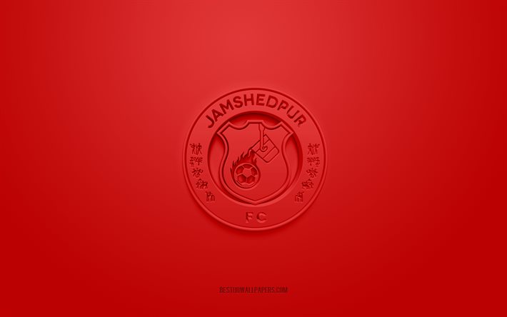 Jamshedpur FC, yaratıcı 3D logo, kırmızı arka plan, 3d amblem, Hint futbol kul&#252;b&#252;, Hint S&#252;per Ligi, Jamshedpur, Hindistan, 3d sanat, futbol, Jamshedpur FC 3d logosu