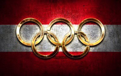 Austrian olympic team, golden olympic rings, Austria at the Olympics, creative, Austrian flag, metal background, Austria Olympic Team, flag of Austria