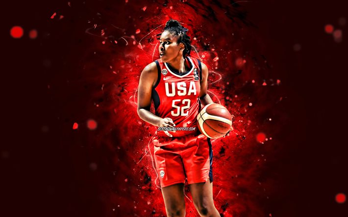 Ariel Atkins, 4k, equipe nacional feminina de basquete dos EUA, luzes de n&#233;on vermelhas, basquete, criativo, Ariel Atkins 4K