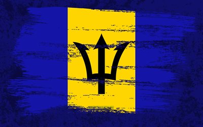 4k, Flag of Barbados, grunge flags, North American countries, national symbols, brush stroke, Barbados flag, grunge art, North America, Barbados