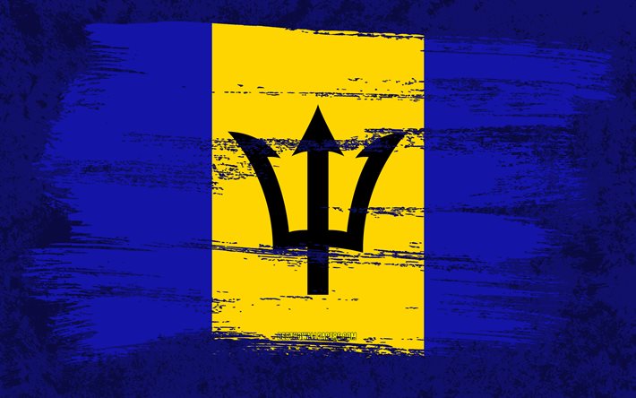 4k, Barbados Bayrağı, grunge bayraklar, Kuzey Amerika &#252;lkeleri, ulusal semboller, fır&#231;a darbesi, Barbados bayrağı, grunge sanat, Kuzey Amerika, Barbados