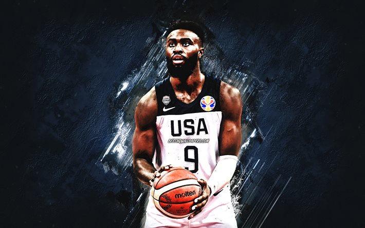 Jaylen Brown, squadra nazionale di basket USA, USA, giocatore di basket americano, ritratto, squadra di basket degli Stati Uniti, sfondo di pietra rossa