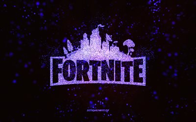 Fortnite glitter logotyp, svart bakgrund, Fortnite logotyp, lila glitter konst, Fortnite, kreativ konst, Fortnite lila glitter logotyp