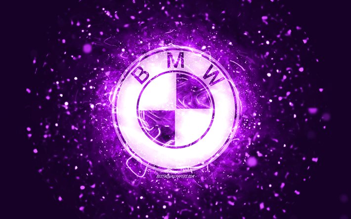 BMW violet logo, 4k, violet neon lights, creative, violet abstract background, BMW logo, cars brands, BMW