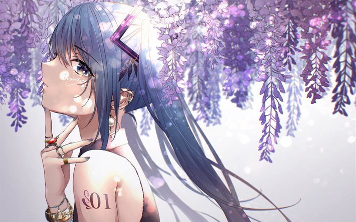 4k, Hatsune Miku, printemps, personnages Vocaloid, manga, Vocaloid, illustrations, fleurs violettes, Hatsune Miku Vocaloid, Hatsune Miku 4K