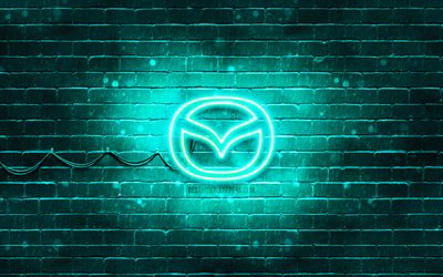 Logo Mazda turchese, 4k, muro di mattoni turchese, logo Mazda, marchi di automobili, logo neon Mazda, Mazda