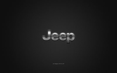 Jeep logo, silver logo, gray carbon fiber background, Jeep metal emblem, Jeep, cars brands, creative art