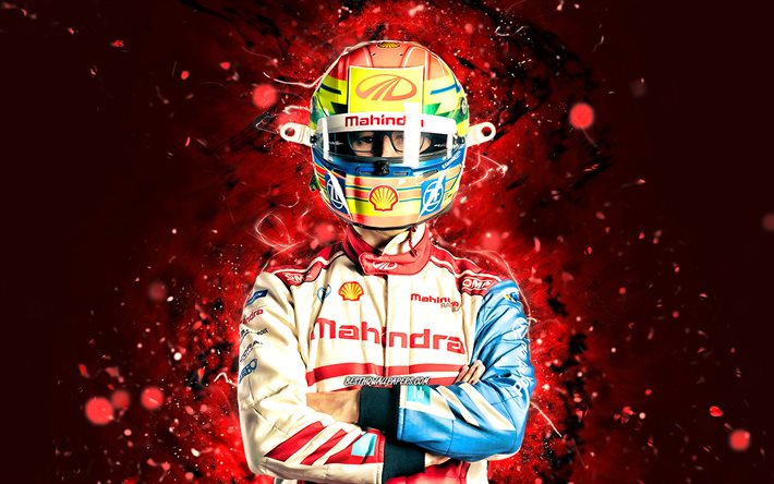 Alexander Sims, 4K, n&#233;ons rouges, pilotes de course britanniques, Mahindra Racing, Formule E, fan art, Alexander Sims 4K
