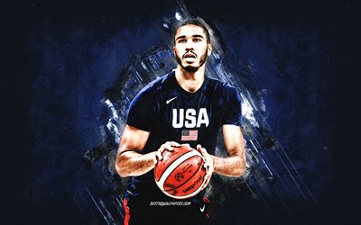 Jayson Tatum, squadra nazionale di basket USA, USA, giocatore di basket americano, ritratto, squadra di basket degli Stati Uniti, sfondo di pietra blu